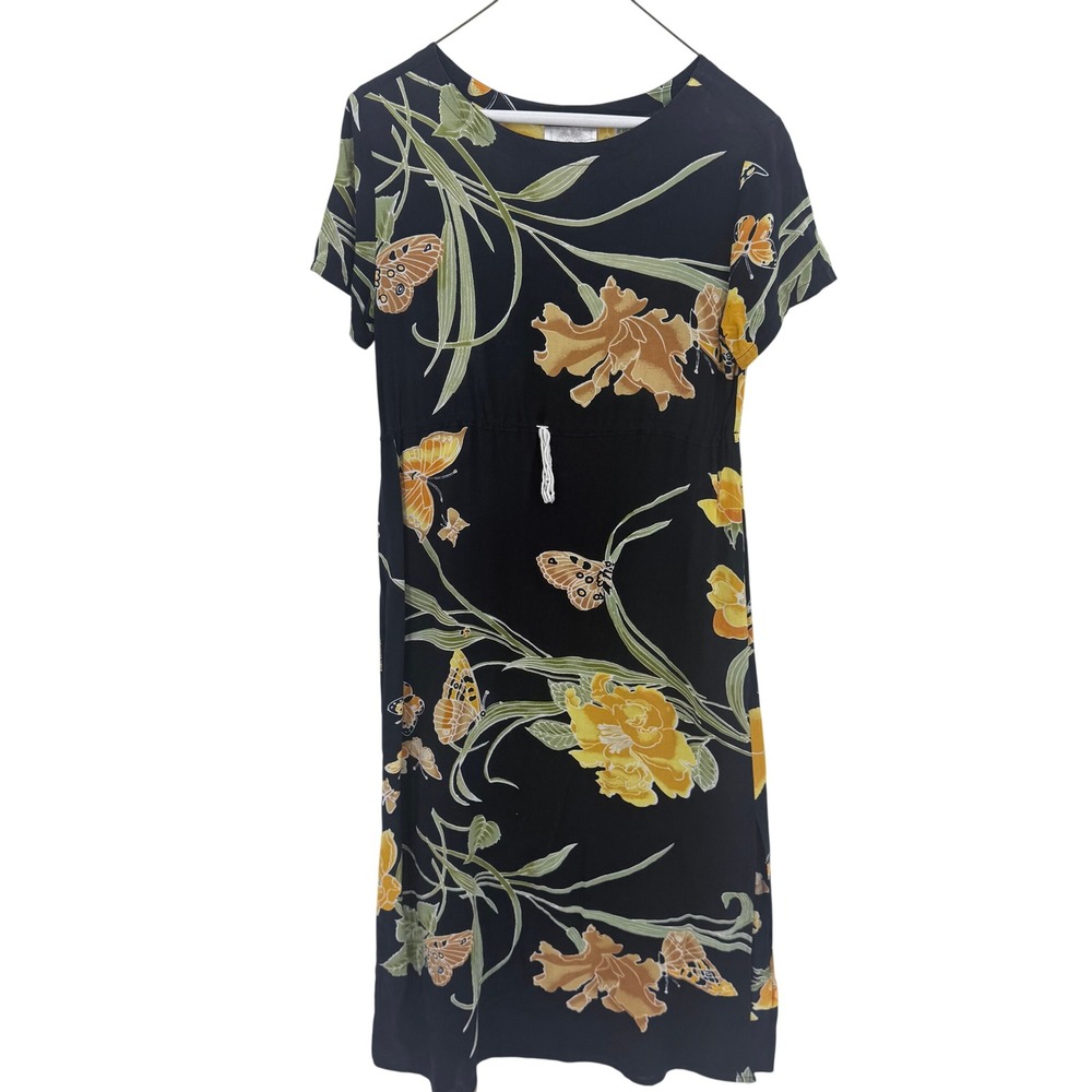 Vintage Peppermint Bay Black Floral Butterfly Rayon Midi Dress‎ Short Sleeve